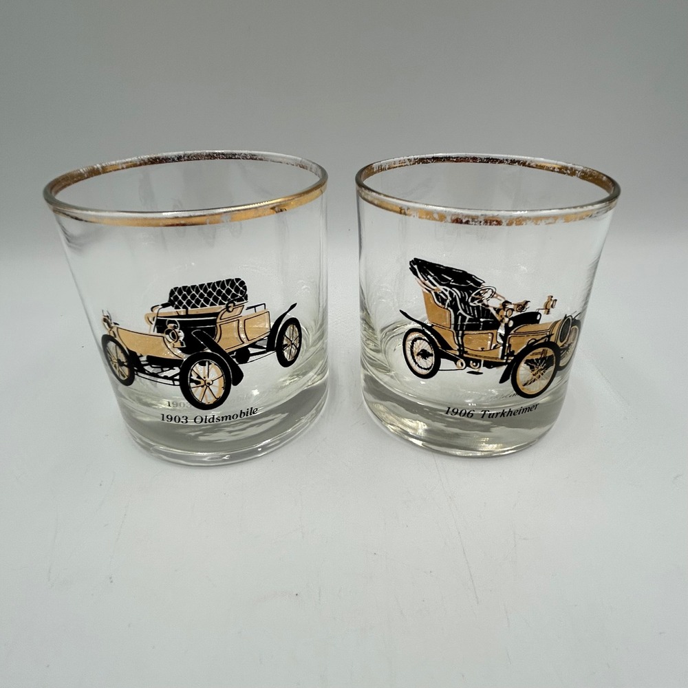 Rocks Glass Clear Vintage Antique Car Gold Rim Good